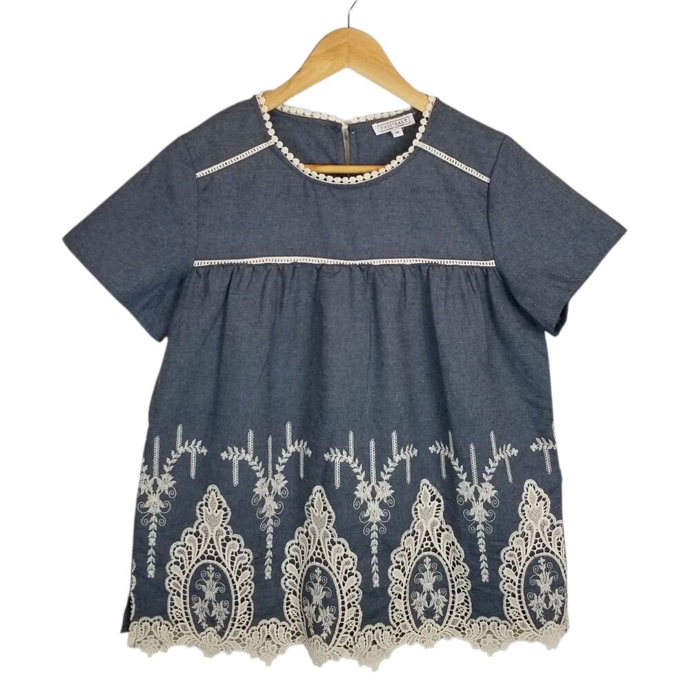Sweet Salt Modest Clothing Women's Chambray Embroidered Short Sleeve Blouse M